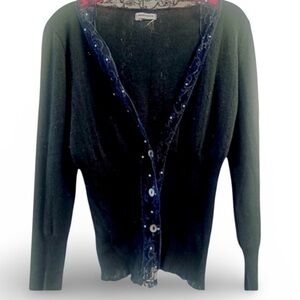 ANONYMOUS black cotton knit cardigan with blue and rhinestone trim.